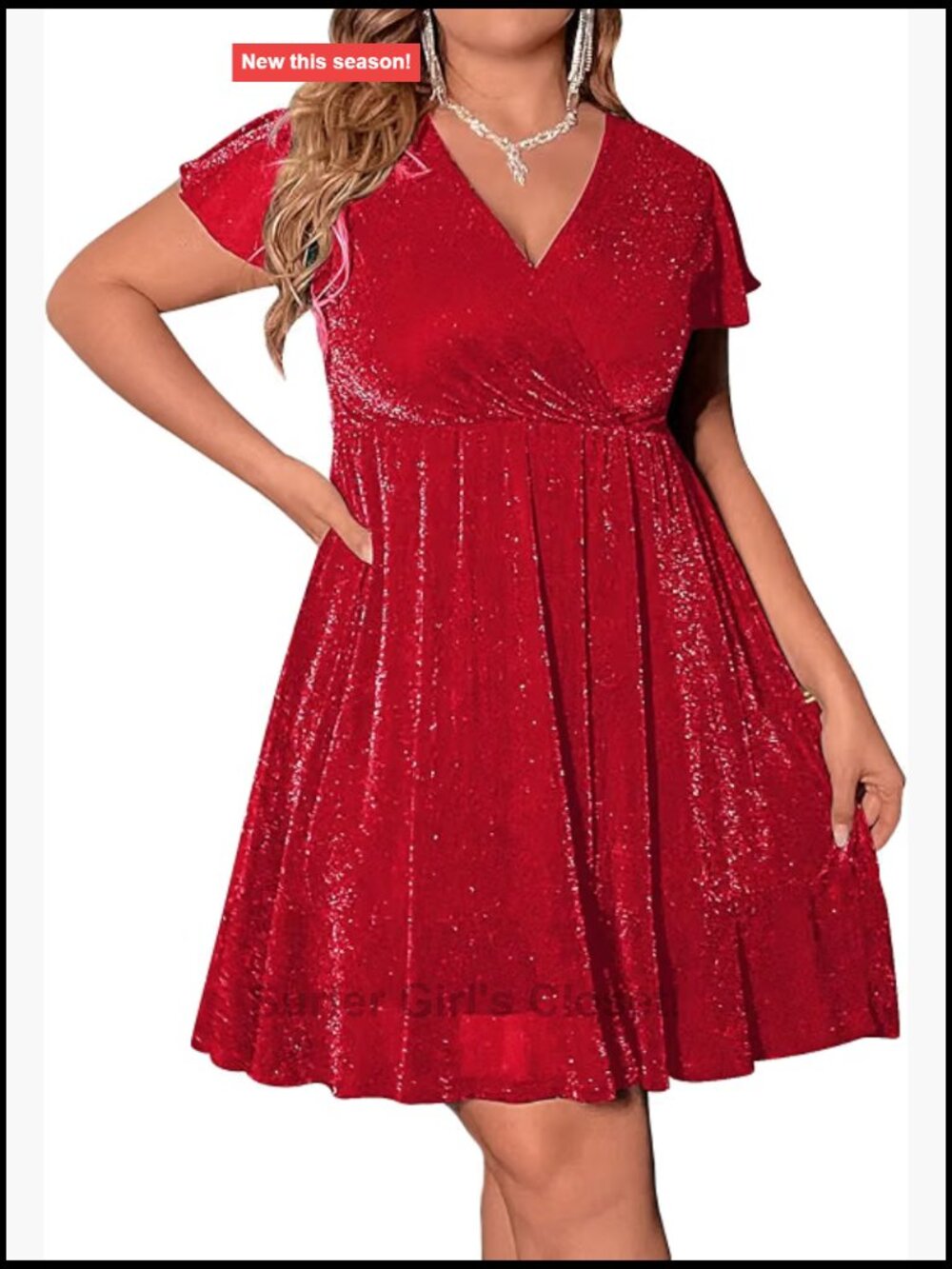 Women's Plus Size Glitter Wrap V Neck Cap Sleeve A Line Party Dress High Stretch